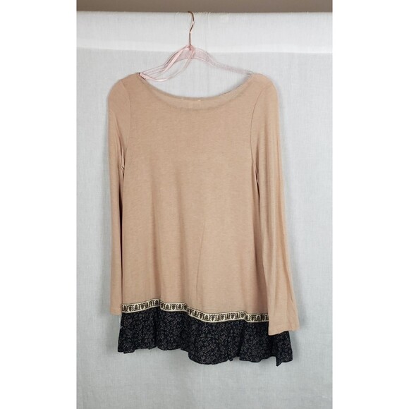 Easel Tunic Top Oversized S Tan Black Peplum Pleated Hem Casual Boho Peasant - Picture 2 of 5